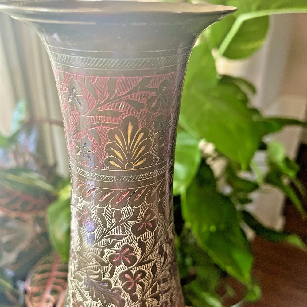 VTG Etched 14 inch Indian Brass Vase Colored Inlay Botanical Pattern Boho MCM